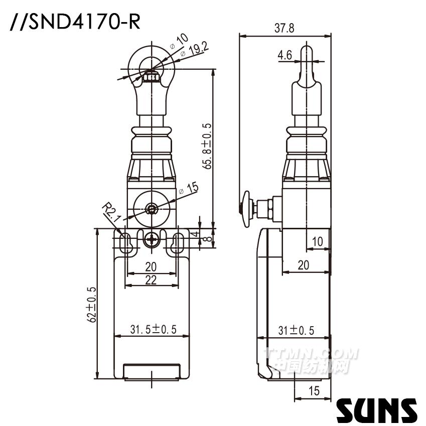 SUNS美國三實單向動作式拉繩開關SND4170-R安全拉繩開關 手動復位拉繩開關尺寸圖