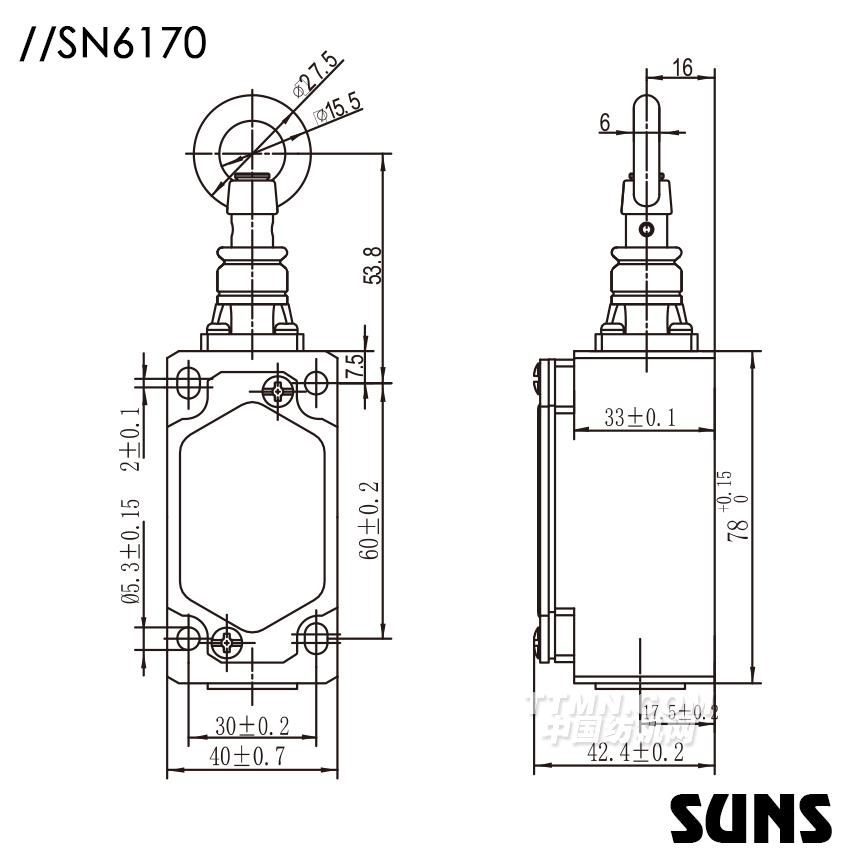 SUNS美國三實(shí)自復(fù)位拉繩開關(guān)SN6170安全拉繩開關(guān) 單向動作式拉繩開關(guān) 尺寸圖