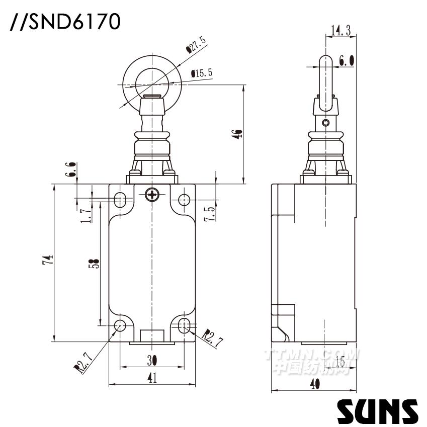 SUNS美國三實自復位安全開關SND6170安全拉繩開關（單向動作式）尺寸圖