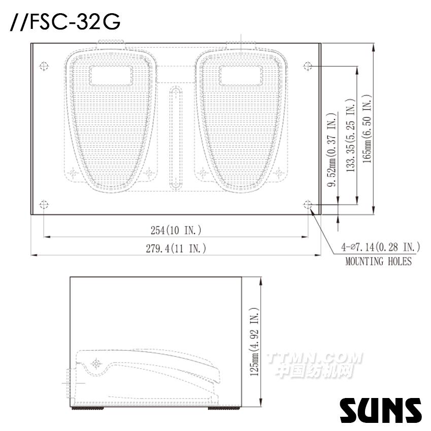 SUNS美國三實(shí)帶防護(hù)罩腳踏開關(guān)FSC-32G-20雙踏板腳踏開關(guān) 尺寸圖